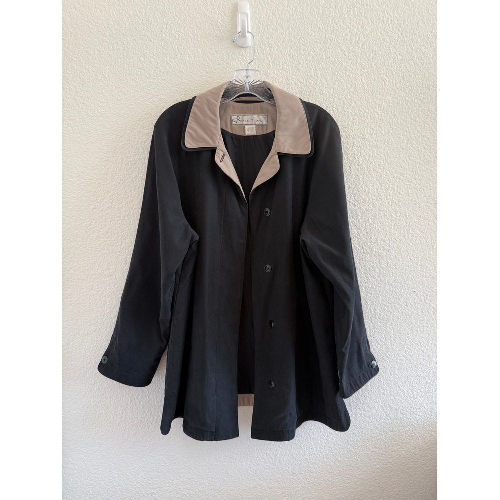 1 Madison Womens Black Tan Two Tone Button Front Car Trench Coat Jacket Medium